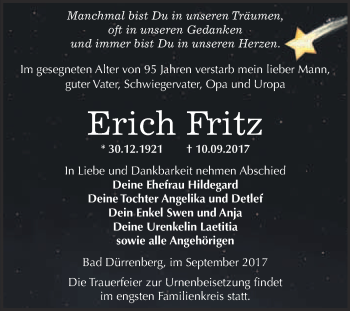 Traueranzeige von Erich Fritz von Super Sonntag Merseburg