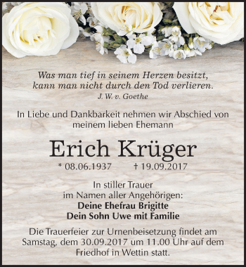 Traueranzeige von Erich Krüger von Mitteldeutsche Zeitung Halle/Saalkreis