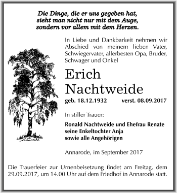 Traueranzeige von Erich Nachtweide von Mitteldeutsche Zeitung Mansfelder Land