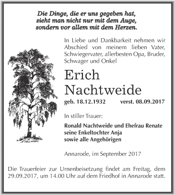 Traueranzeige von Erich Nachtweide von Wochenspiegel Mansfelder Land