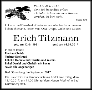 Traueranzeige von Erich Titzmann von Mitteldeutsche Zeitung Merseburg/Querfurt