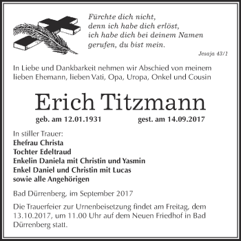Traueranzeige von Erich Titzmann von Super Sonntag Merseburg