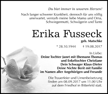 Traueranzeige von Erika Fusseck von Mitteldeutsche Zeitung Bitterfeld
