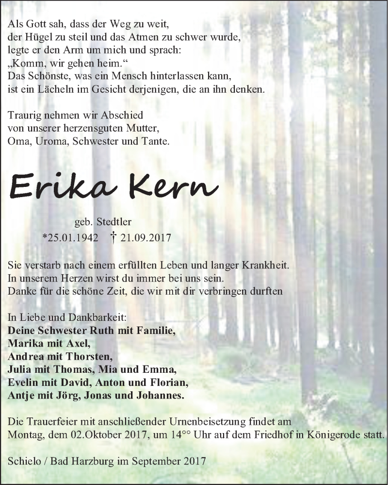  Traueranzeige für Erika Kern vom 27.09.2017 aus Mitteldeutsche Zeitung Sangerhausen