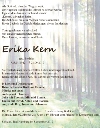 Traueranzeige von Erika Kern von Super Sonntag SGH Mansf. Land