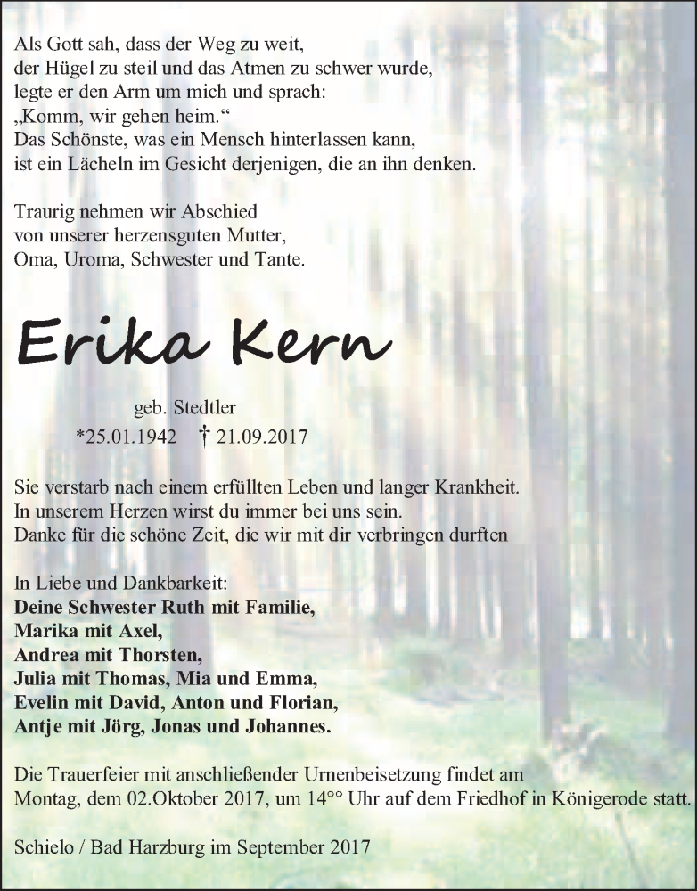  Traueranzeige für Erika Kern vom 30.09.2017 aus WVG - Wochenspiegel Quedlinburg