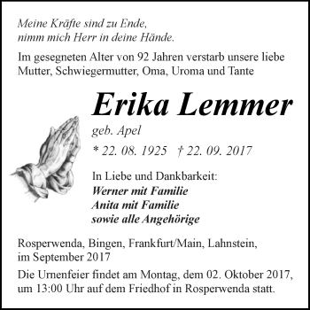 Traueranzeige von Erika Lemmer von Super Sonntag SGH Mansf. Land
