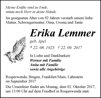 Traueranzeige von Erika Lemmer von Mitteldeutsche Zeitung Sangerhausen