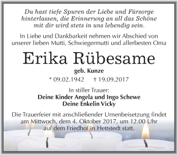 Traueranzeige von Erika Rübesame von Mitteldeutsche Zeitung Mansfelder Land