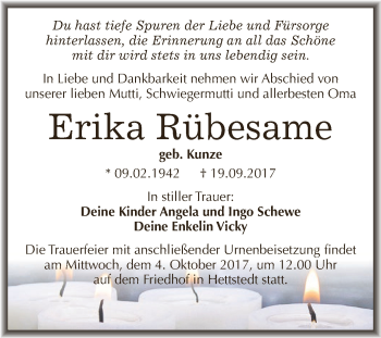 Traueranzeige von Erika Rübesame von Wochenspiegel Mansfelder Land