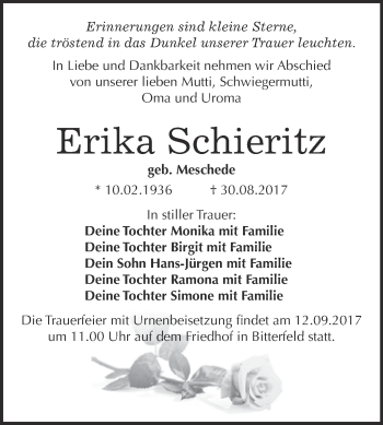 Traueranzeige von Erika Schieritz von WVG - Wochenspiegel Bitterfeld