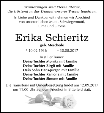 Traueranzeige von Erika Schieritz von Mitteldeutsche Zeitung Bitterfeld