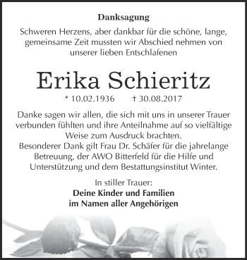 Traueranzeige von Erika Schieritz von WVG - Wochenspiegel Bitterfeld