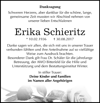 Traueranzeige von Erika Schieritz von Mitteldeutsche Zeitung Bitterfeld