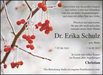 Traueranzeige von Erika Schulz von WVG - Wochenspiegel Dessau / Köthen
