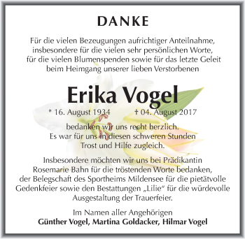 Traueranzeige von Erika Vogel von Mitteldeutsche Zeitung Dessau-Roßlau