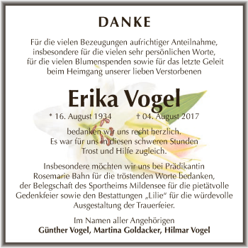 Traueranzeige von Erika Vogel von WVG - Wochenspiegel Dessau / Köthen
