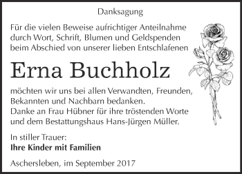 Traueranzeige von Erna Buchholz von Super Sonntag Aschersleben