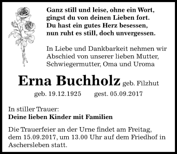 Traueranzeige von Erna Buchholz von Mitteldeutsche Zeitung Aschersleben