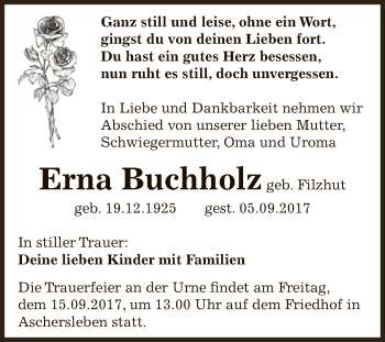 Traueranzeige von Erna Buchholz von Super Sonntag Aschersleben