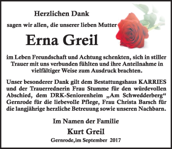 Traueranzeige von Erna Greil von Mitteldeutsche Zeitung Quedlinburg
