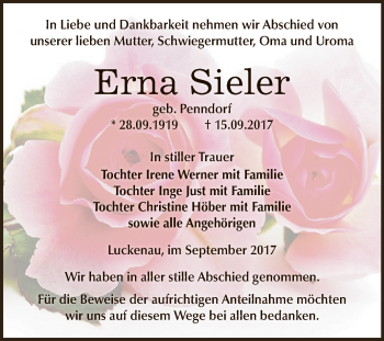 Traueranzeige von Erna Sieler von Super Sonntag Zeitz