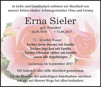 Traueranzeige von Erna Sieler von Mitteldeutsche Zeitung Zeitz