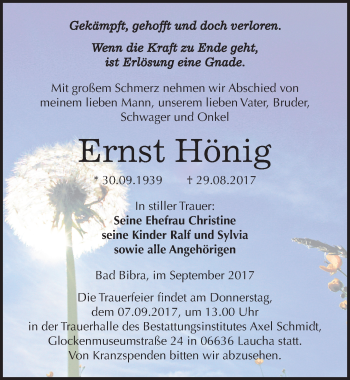 Traueranzeige von Ernst Hönig von Mitteldeutsche Zeitung Naumburg/Nebra