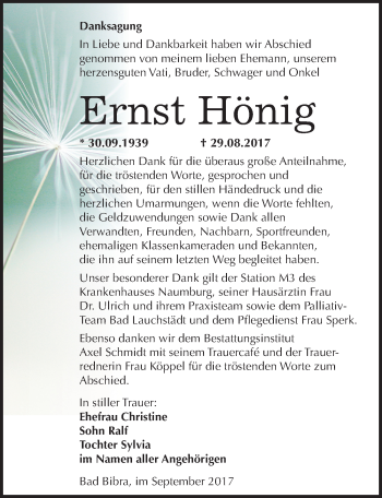 Traueranzeige von Ernst Hönig von Mitteldeutsche Zeitung Naumburg/Nebra