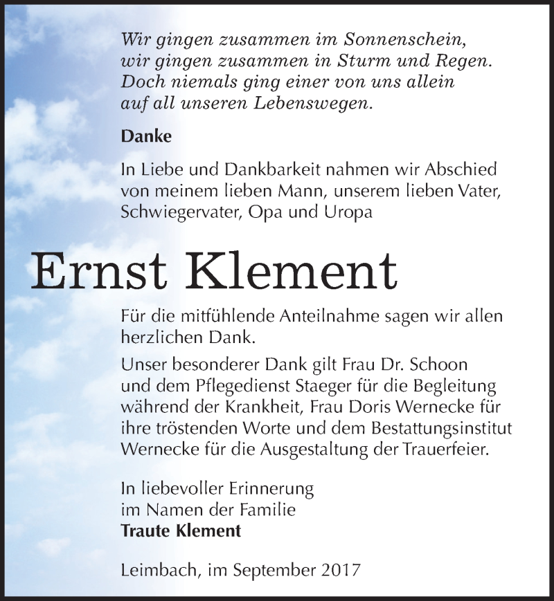 Traueranzeigen von Ernst Klement www.abschiednehmen.de