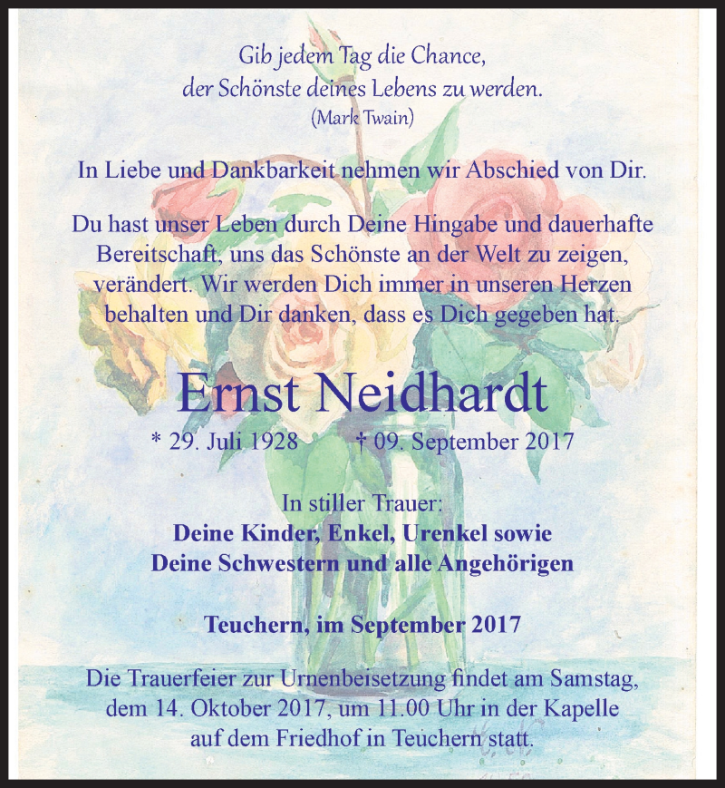  Traueranzeige für Ernst Neidhardt vom 23.09.2017 aus Mitteldeutsche Zeitung Weißenfels
