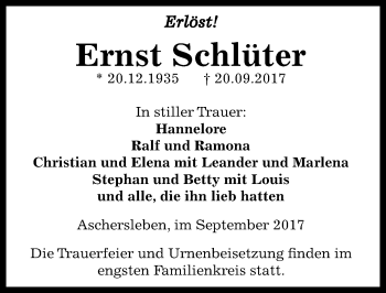 Traueranzeige von Ernst Schlüter von Mitteldeutsche Zeitung Aschersleben