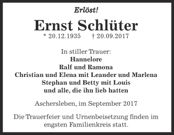 Traueranzeige von Ernst Schlüter von Super Sonntag Aschersleben