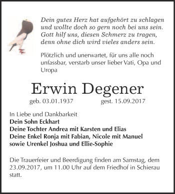 Traueranzeige von Erwin Degener von WVG - Wochenspiegel Bitterfeld