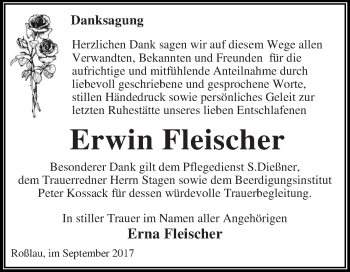 Traueranzeige von Erwin Fleischer von WVG - Wochenspiegel Dessau / Köthen