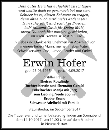 Traueranzeige von Erwin Hofer von Mitteldeutsche Zeitung Merseburg/Querfurt
