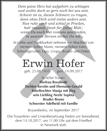 Traueranzeige von Erwin Hofer von WVG - Wochenspiegel Merseburg