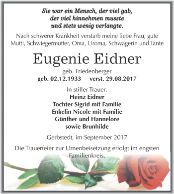 Traueranzeige von Eugenie Eidner von Wochenspiegel Mansfelder Land