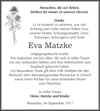 Traueranzeige von Eva Matzke von Super Sonntag Bernburg