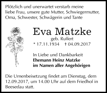 Traueranzeige von Eva Matzke von Mitteldeutsche Zeitung Bernburg