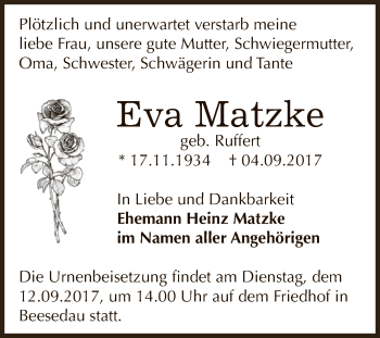 Traueranzeige von Eva Matzke von Super Sonntag Bernburg