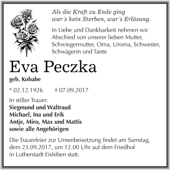 Traueranzeige von Eva Peczka von Wochenspiegel Mansfelder Land
