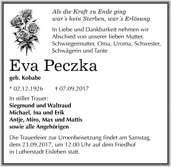 Traueranzeige von Eva Peczka von Mitteldeutsche Zeitung Mansfelder Land
