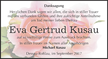 Traueranzeige von Eva Gertrud Kusau von WVG - Wochenspiegel Dessau / Köthen