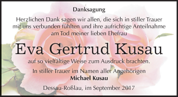 Traueranzeige von Eva Gertrud Kusau von Mitteldeutsche Zeitung Dessau-Roßlau