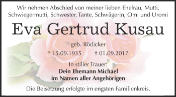 Traueranzeige von Eva Gertrud Kusau von WVG - Wochenspiegel Dessau / Köthen