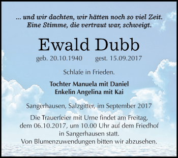 Traueranzeige von Ewald Dubb von Super Sonntag SGH Mansf. Land