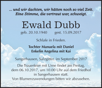 Traueranzeige von Ewald Dubb von Mitteldeutsche Zeitung Sangerhausen