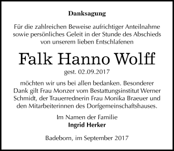 Traueranzeige von Falk Hanno Wolff von Mitteldeutsche Zeitung Quedlinburg