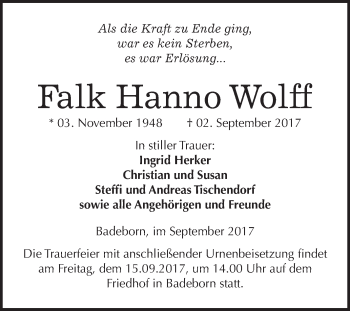 Traueranzeige von Falk Hanno Wolff von WVG - Wochenspiegel Quedlinburg